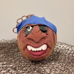 Hand-Carved Pirate Face Coconut Accent - Blue Bandana